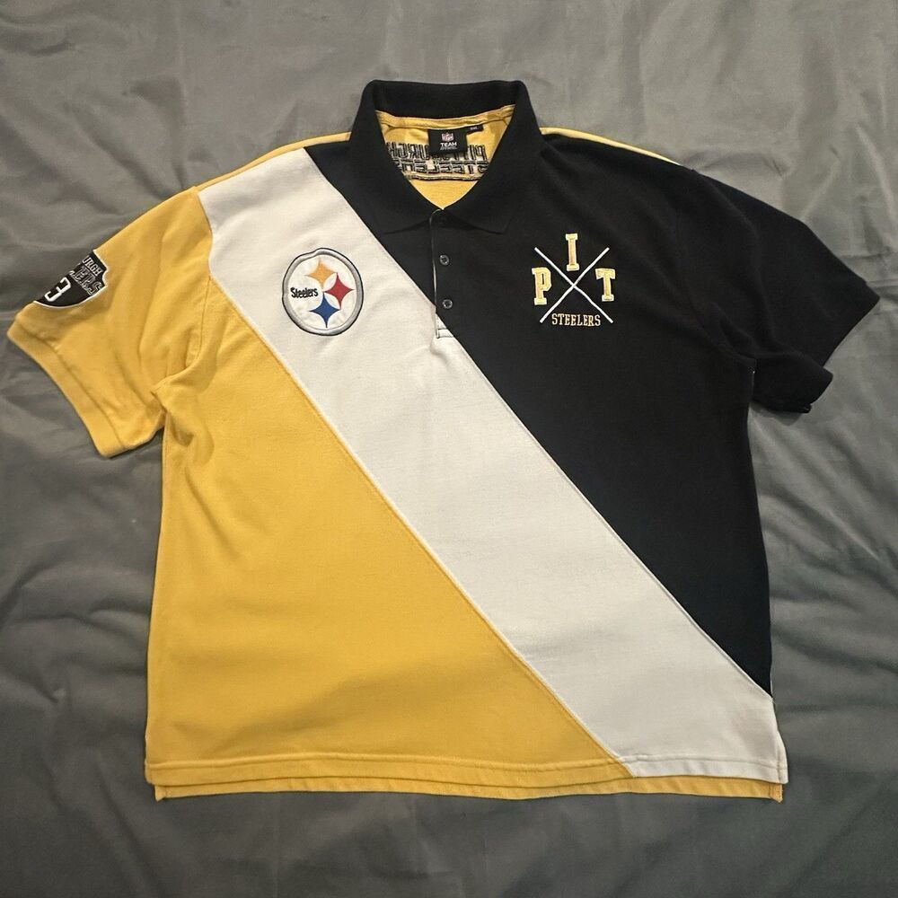 Pittsburgh Steelers Rugby Polo Colorblock Short Sleeve Embroidery Mens 2XL Y2K